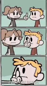 a cartoon of a girl giving a middle finger to a boy