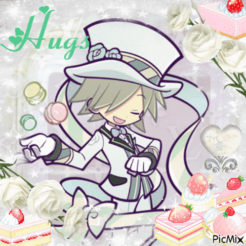 a picture of a man in a top hat with the words " hugs " on the bottom