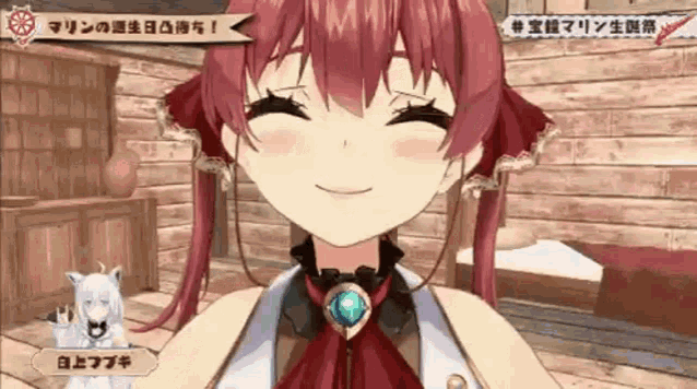 a close up of a anime girl with red hair smiling in a wooden room .