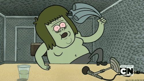 a cartoon character is sitting at a table with a cup of water and a microphone with cn on the bottom right