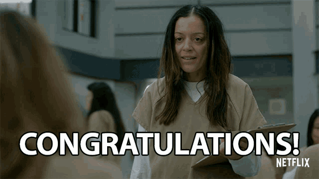 a woman holding a clipboard with the words congratulations written above her