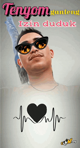 a cartoon of a man wearing sunglasses with the words " senyum ganteng izin duduk " on top