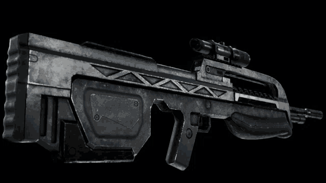 a futuristic looking rifle with a scope and the number 5 on it