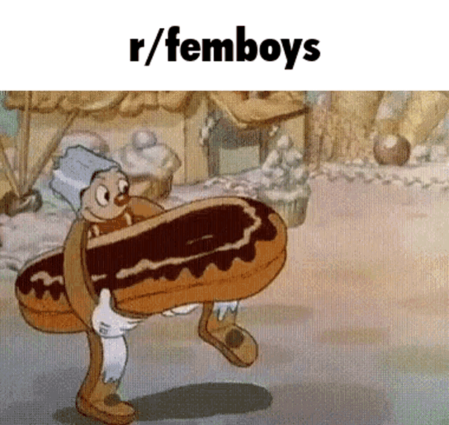 a cartoon character is carrying a large donut with the words r / femboys written below it