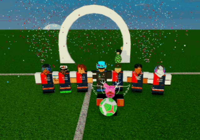 a group of people standing on a soccer field with one wearing a shirt that says ' soccer ' on it