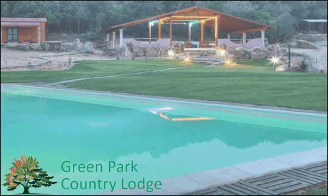an advertisement for green park country lodge shows a group of people sitting by a pool
