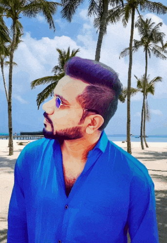 a man wearing sunglasses and a blue shirt is standing on a beach