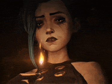 a woman with blue hair is holding a lighter