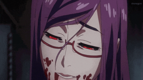 a close up of a woman with blood on her face and the word rinnegon behind her