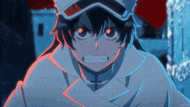 a close up of a person 's face with a red eye