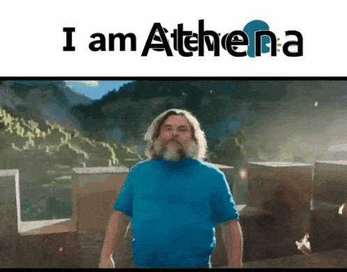 a man with a beard is standing in front of a mountain and the words i am athena are above him