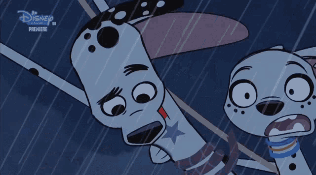 two dalmatian dogs in the rain with a disney channel premiere advertisement