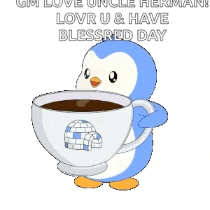 a blue and white penguin is holding a cup of coffee with an igloo on it