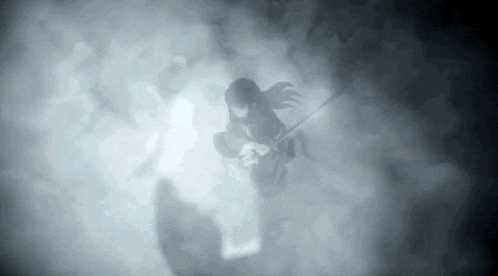 a person is flying through the air with a sword in a foggy room .