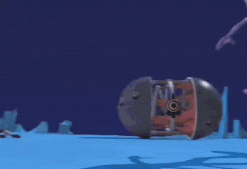 a cartoon character is flying through the air with a purple object in the background