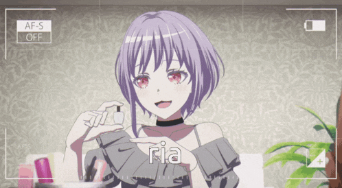 a girl with purple hair is holding a nail polish bottle and the word ria is on the bottom right