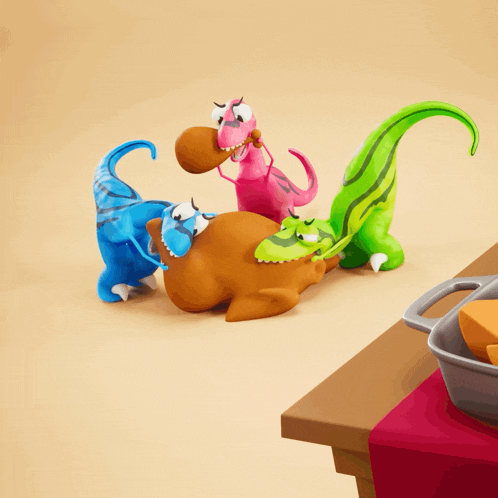 a group of toy dinosaurs are playing with a chicken on a table
