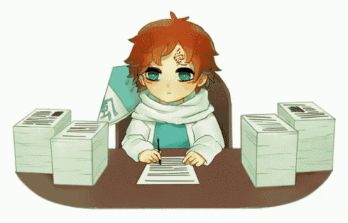 a cartoon drawing of a person sitting at a desk with a stack of papers