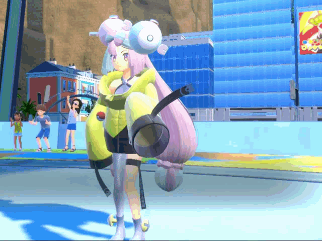 a cartoon character is standing in front of a blue building with a sign that says ' a ' on it