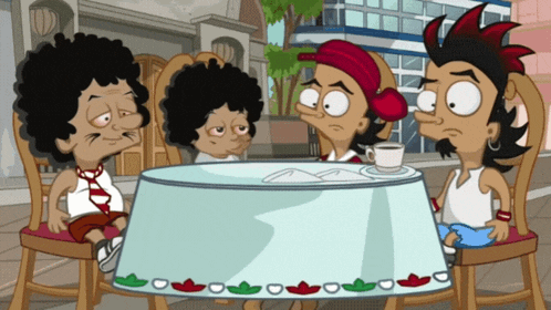a group of cartoon characters are sitting around a table with a cup of coffee
