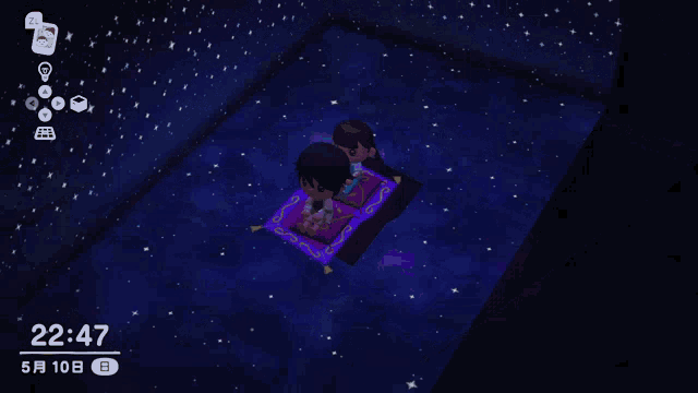 two cartoon characters are sitting on a carpet under a starry sky