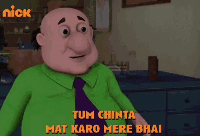 a cartoon of a man in a green shirt and tie with the words tum chinta mat karo mere bhai