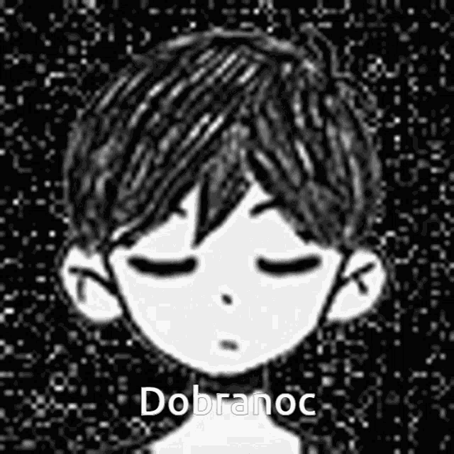 a black and white drawing of a boy with his eyes closed and the words „ dobranoc ” below him .