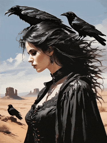 a woman in a black dress with two black birds on her head