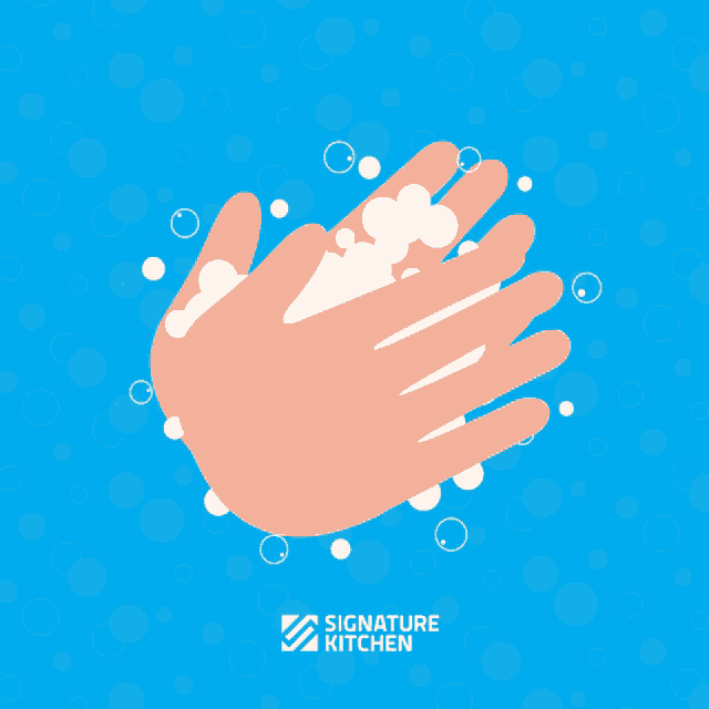 an illustration of a person washing their hands with the words signature kitchen below it