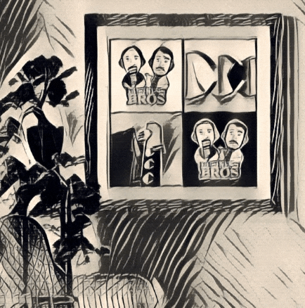 a black and white drawing of two men with the words melo bros