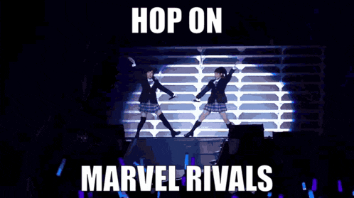 two girls are dancing on a stage with the words hop on marvel rivals