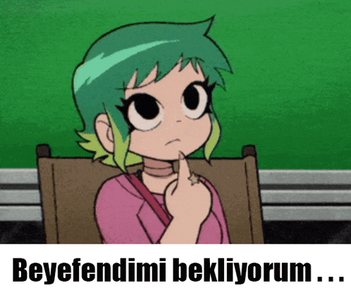 a cartoon of a girl with green hair and the words beyefendimi bekliyorum