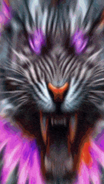 a close up of a cat with its mouth open and purple eyes