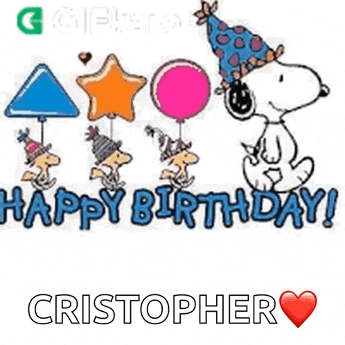 a snoopy birthday card with balloons and the name christopher