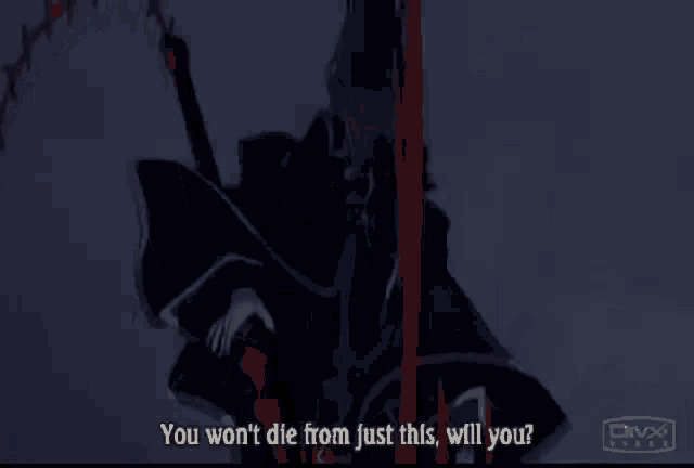 a person holding a sword with the words " you won t die from just this will you "