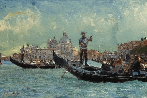 a painting of a man riding a gondola in a body of water