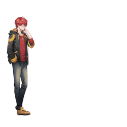 a man with red hair and a black jacket is standing in a rectangle