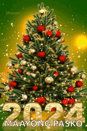 a christmas tree is decorated with red and gold ornaments and the year 2024