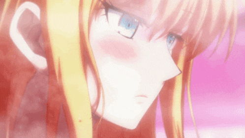 a close up of a blonde anime girl 's face with blue eyes