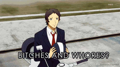 a man in a suit and tie is holding a helmet and saying bitches and whores