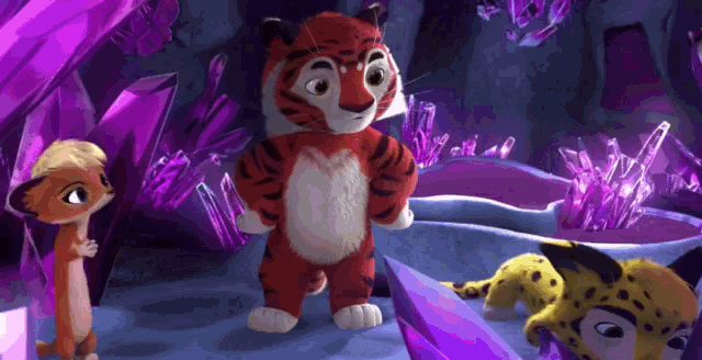 a cartoon tiger and a leopard are standing next to each other in a cave surrounded by purple crystals .
