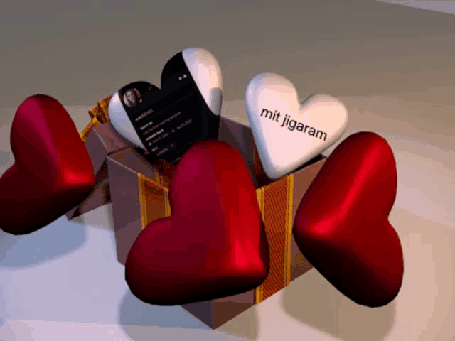 a box with hearts and a phone that says mit jigaram