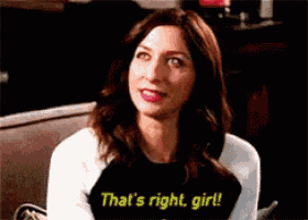 a woman is sitting on a couch and saying that 's right girl