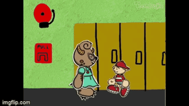 a cartoon of a boy and a bear standing in front of a fire alarm