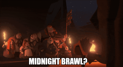 a group of cartoon characters with the words midnight brawl written on the bottom