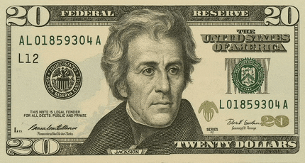 the front of a 20 dollar bill with jackson on it