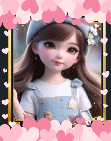 a doll is surrounded by pink hearts and flowers