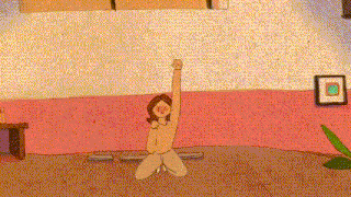 a cartoon of a naked woman sitting on a bench with her fist in the air .