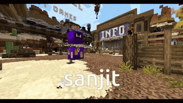a purple robot stands in front of an info sign