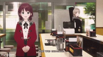 a girl in a red coat is standing in front of a counter and says that was excellent